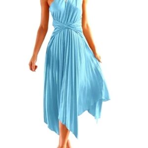 One shoulder light blue long satin dress